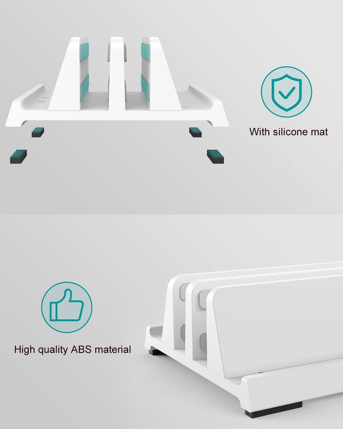 Vertical Laptop Stand for Desk, Dual Slots Plastic Laptop Holder with Space Saving 4-in-1 Design, Adjustable Width Supports MacBook, Chromebook, Surface, Dell (Black)