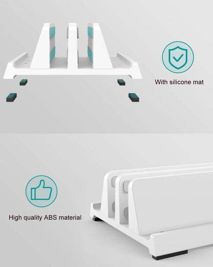 Vertical Laptop Stand for Desk, Dual Slots Plastic Laptop Holder with Space Saving 4-in-1 Design, Adjustable Width Supports MacBook, Chromebook, Surface, Dell (Black)