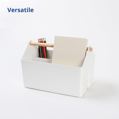 BLUE GINKGO Medium Storage Basket – Plastic Caddy with Wooden Handle for Office, Arts & Crafts, or Home Supplies (Gray)