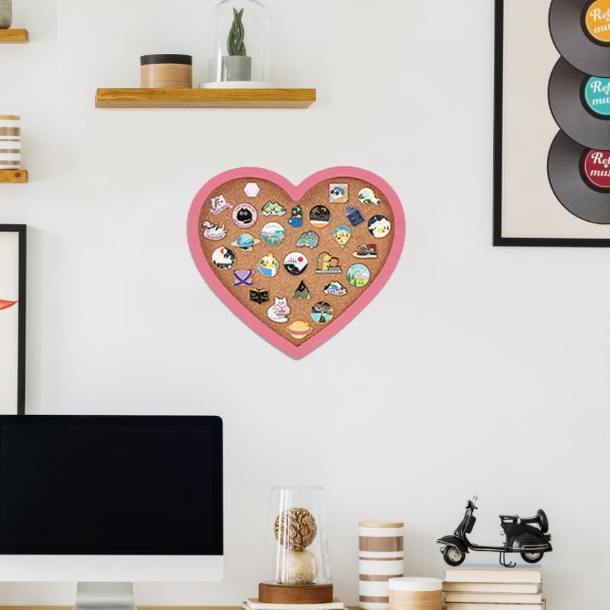 BENECREAT Pearl Pink Heart Pin Cork Board, 7.8x7.1inch Bulletin Display Board Wall Mounted Cork Board with Pink Frame for Brooch Pin Storage Display, Office Home and School Decor