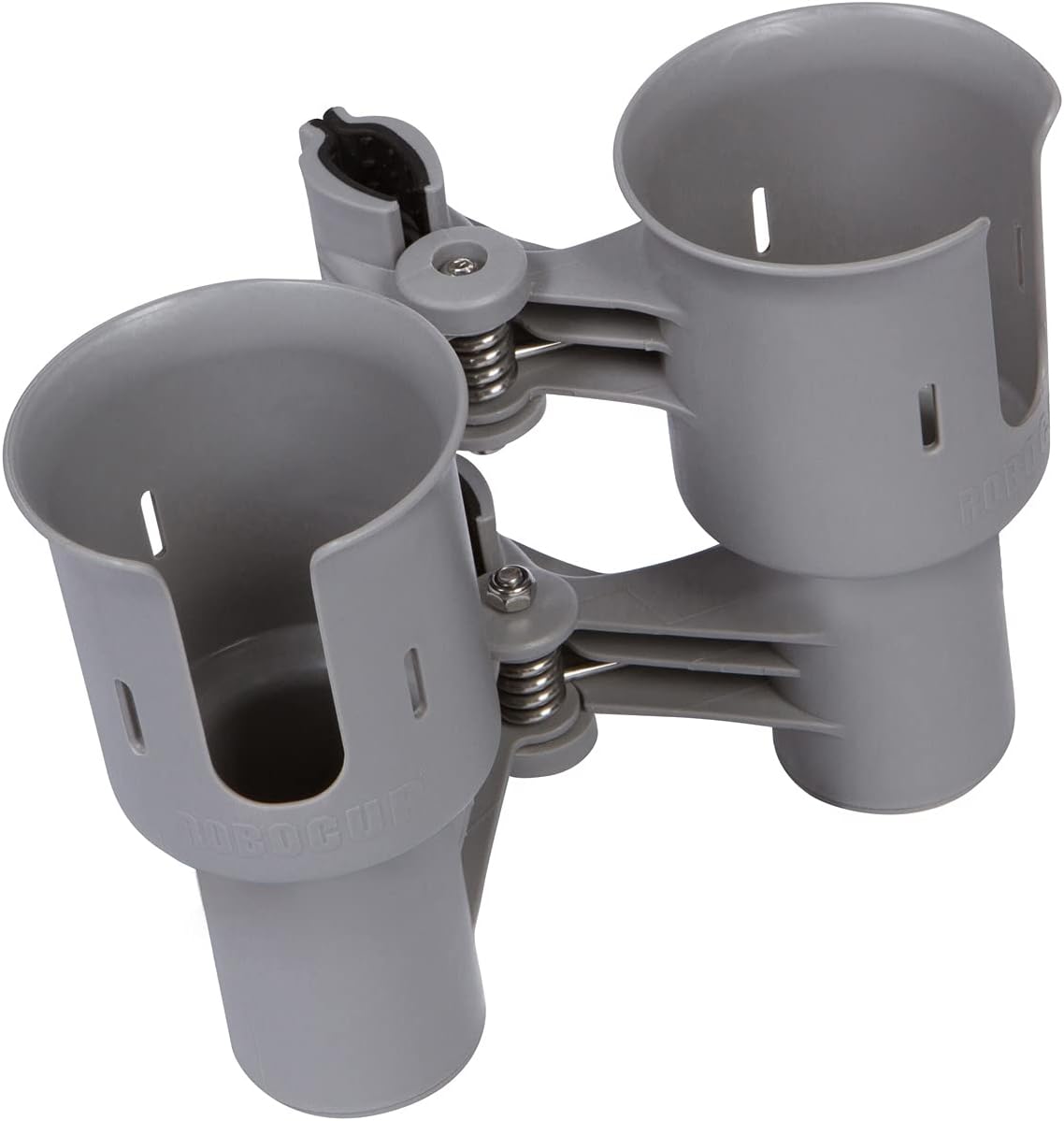 ROBOCUP, (White), Patented Clamp On Boat Cup Holder |Multifunction Dual Drink Caddy for Fishing Poles, Tools, Net, Gaff |Portable Storage for Boating, Beach, Umbrellas, Golf Carts, Strollers