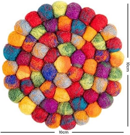 Round Felt Ball Coasters - 100% Merino Wool Table Coasters - Felt Coaster Pads, Absorbent Trivet for Drinks - Heat Resistant, Thick & Durable Hand Felted - Woolygon - Multicolor Set of 5 (Rainbow)