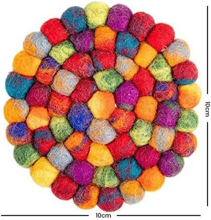 Round Felt Ball Coasters - 100% Merino Wool Table Coasters - Felt Coaster Pads, Absorbent Trivet for Drinks - Heat Resistant, Thick & Durable Hand Felted - Woolygon - Multicolor Set of 5 (Rainbow)