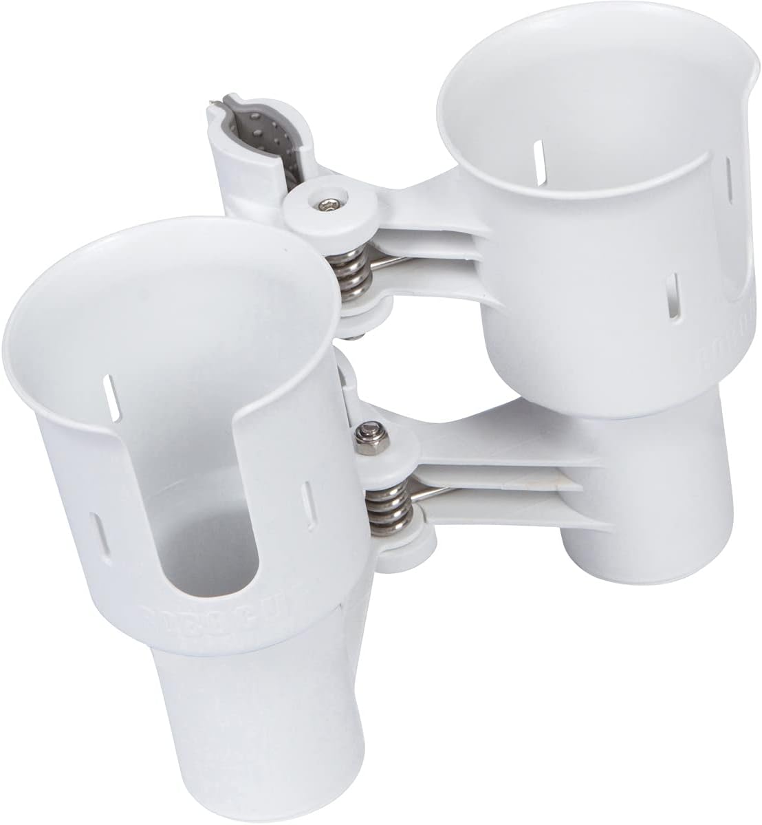 ROBOCUP, (White), Patented Clamp On Boat Cup Holder |Multifunction Dual Drink Caddy for Fishing Poles, Tools, Net, Gaff |Portable Storage for Boating, Beach, Umbrellas, Golf Carts, Strollers