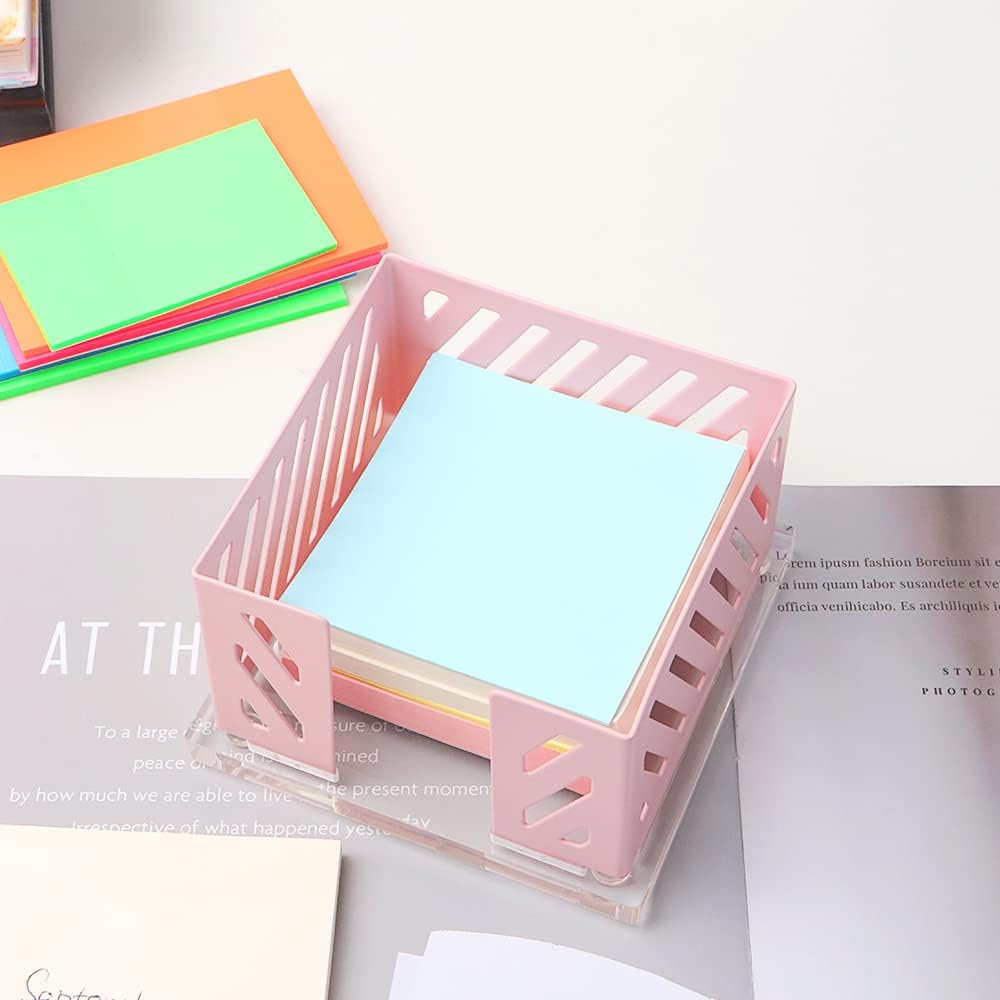 Sticky Note Holder Memo Pad Cube Dispenser 3.5 x 3.5Inch Notepad Holder Acrylic Base Purple Metal Mesh Desk Organizer for Home Office Supplies (Purple Memo Pad Holder)