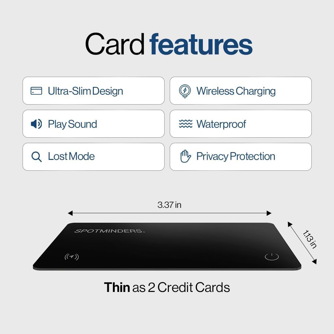 SPOTMINDERS Apple MFi Certified Wallet Tracker PRO for Travel Credit Card Design Works with Apple Find My IP68 Waterproof Rechargeable Tracking Card for Wallet Luggage Passport 0.07in Slim Item Finder