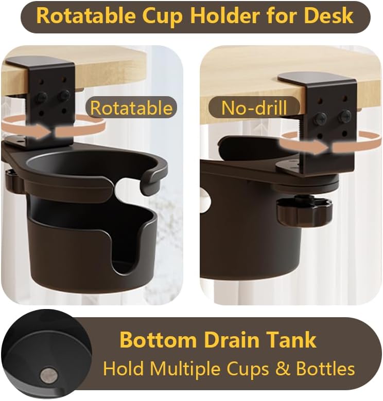 Desk Cup Holder Clip On 360° Rotating Clamp,Deeper Anti-Spill Drink Holders for Water Bottles & Coffee Mugs,Adjustable Clamp Fits Screw On Table for Drinks,Office,Gaming Desk,Home,Black