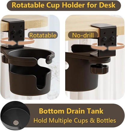 Desk Cup Holder Clip On 360° Rotating Clamp,Deeper Anti-Spill Drink Holders for Water Bottles & Coffee Mugs,Adjustable Clamp Fits Screw On Table for Drinks,Office,Gaming Desk,Home,Black