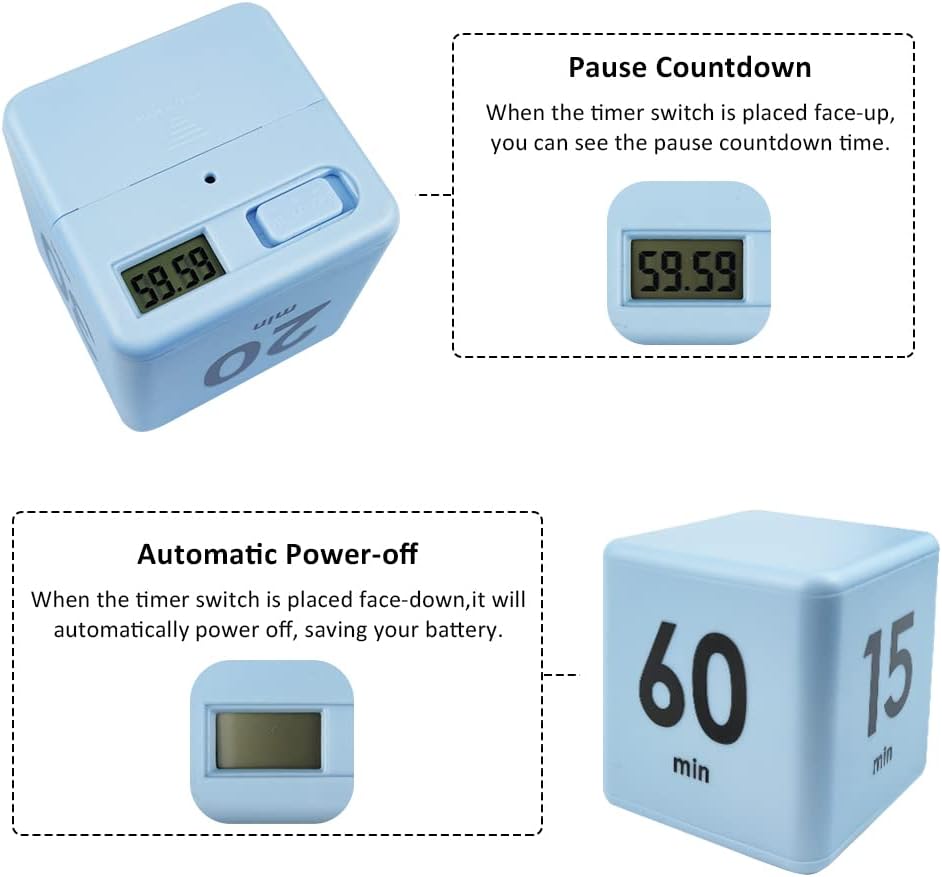 Feilifan Cube Timer, Productivity Cube Flip Timer for Kitchen Studying Workout Classroom Kids ADHD 15-20-30-60 Minute Preset, White
