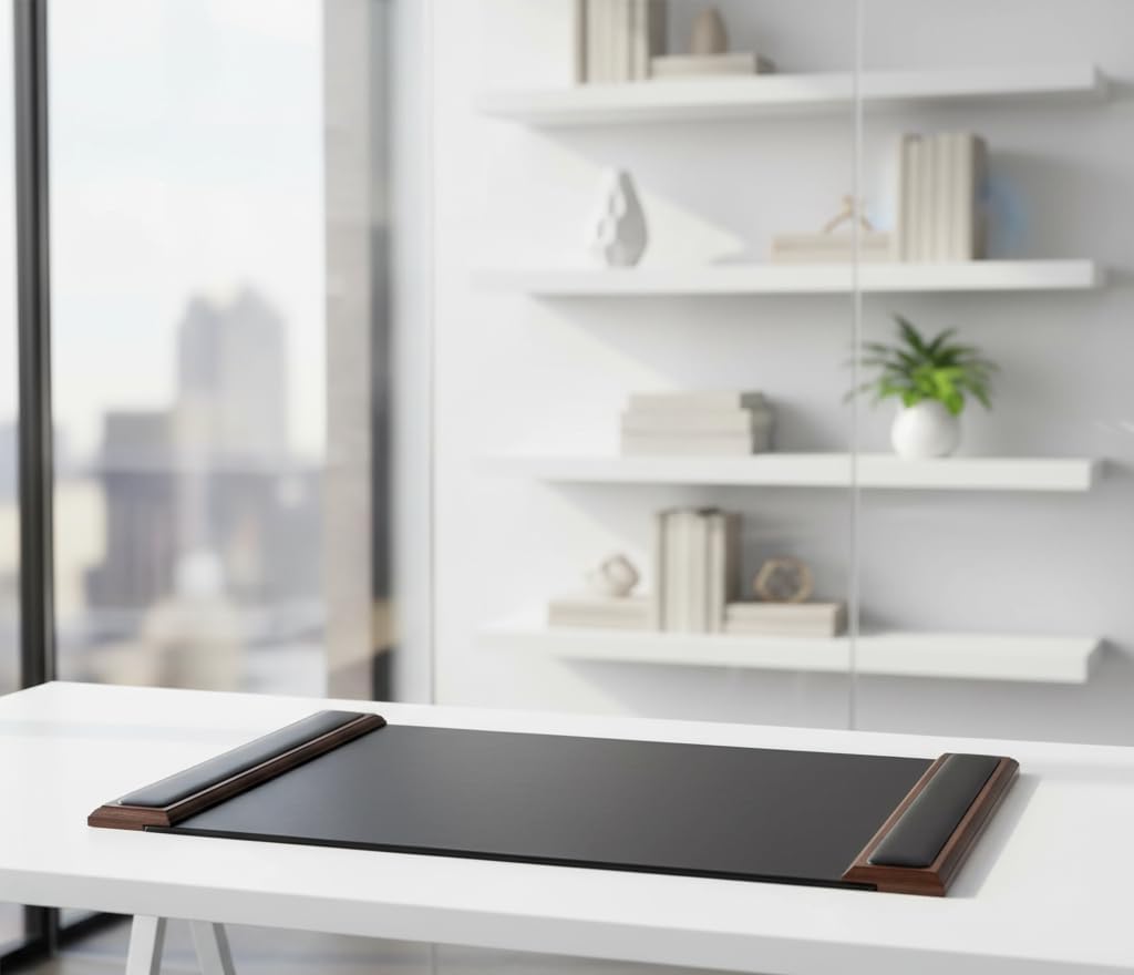 DACASSO Wood & Leather Desk Pad with Side Rails - Luxury Leather Desk Blotter for Writing - Padded Executive Desk Surface Protector - (Walnut & Black, 34” x 20”)