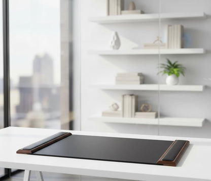 DACASSO Wood & Leather Desk Pad with Side Rails - Luxury Leather Desk Blotter for Writing - Padded Executive Desk Surface Protector - (Walnut & Black, 34” x 20”)