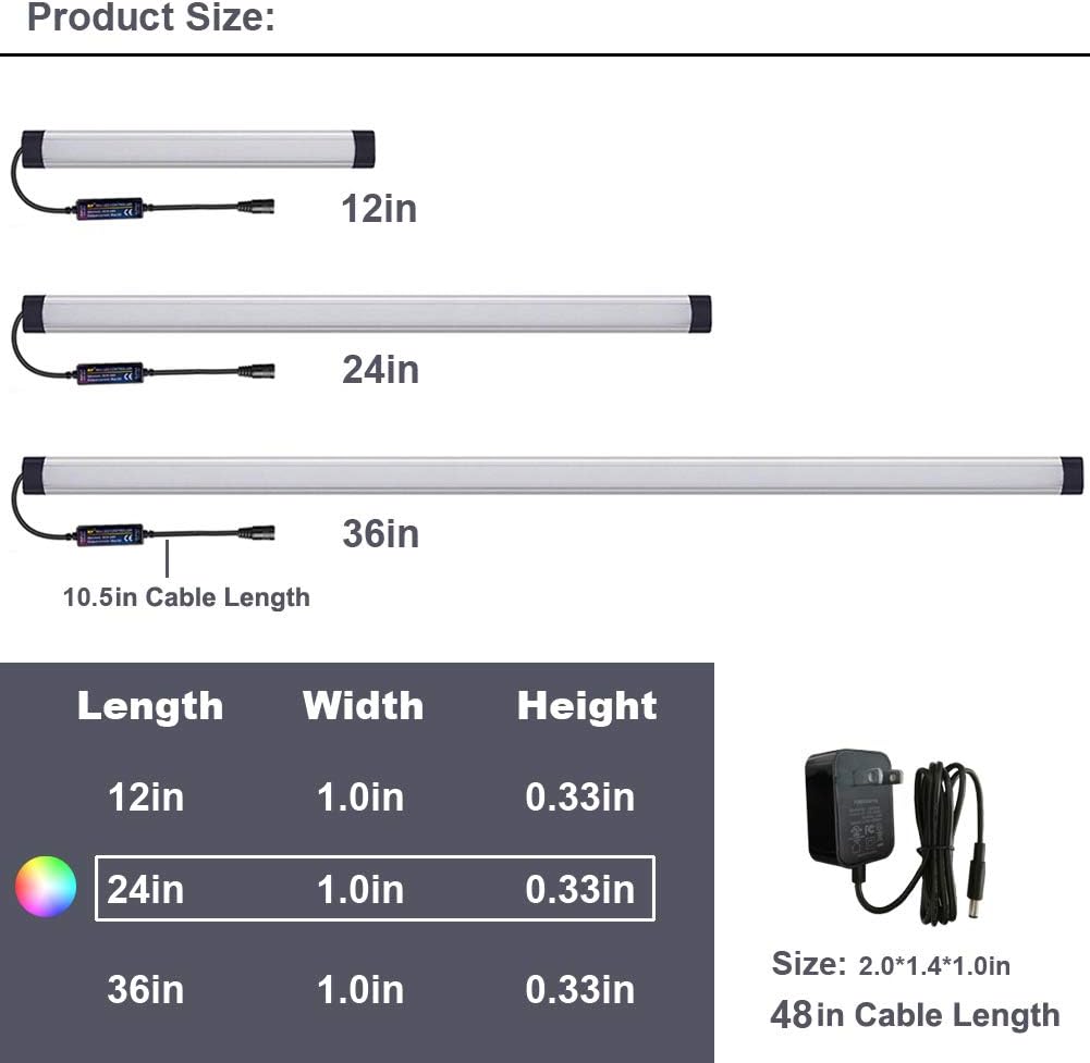 Dimmable Under Cabinet Lighting, RGB LED Light Bar, RF Remote Control Lamp, Multicolor Under Counter Lights for Desk, Room, Cupboard, Hallway, Shelf, Closet (24 Inch)
