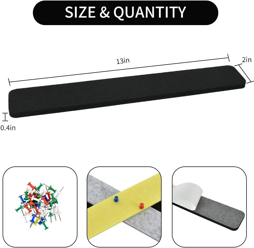 Vuzvuv 8 pcs Bulletin Board Bar Strips with 50 Pushpins & 10 Wooden Clip pins，Self Adhesive Cork Board for Wall，Felt Pin Board for School，Office Decor（Black White Grey）