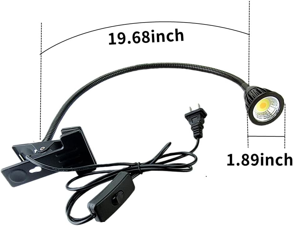 QUANS 5W 3 Colors LED COB Clip on Light Black 19.68 INCH 50 CM Tube Desk Flexible Table Bed Lamp Work Home Design Lighting 110V 220V 85-265VAC with US Plug Switch on Off 500LM (Black)