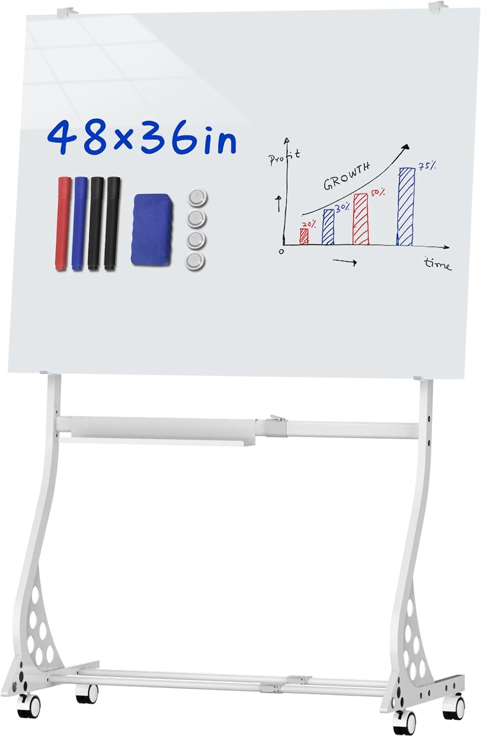 40 x 28 inch Mobile Magnetic Glass Whiteboard, Double-Sided Board with Felt Back and Storage for Office & Classroom, White