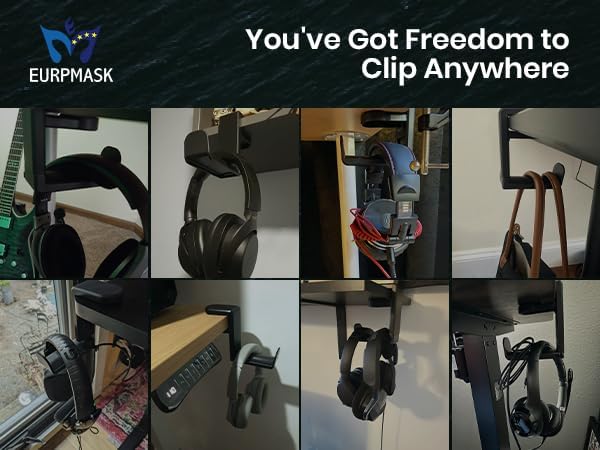 3in1 Rotating Headphone Holder - EURPMASK 3in1 PC Gaming Headset Holder w/Detachable Controller Holder, Adjustable Clamp-on Headset Stand,Headphone Hanger Hook Under Desk w/Cable Clip Organizer,Black