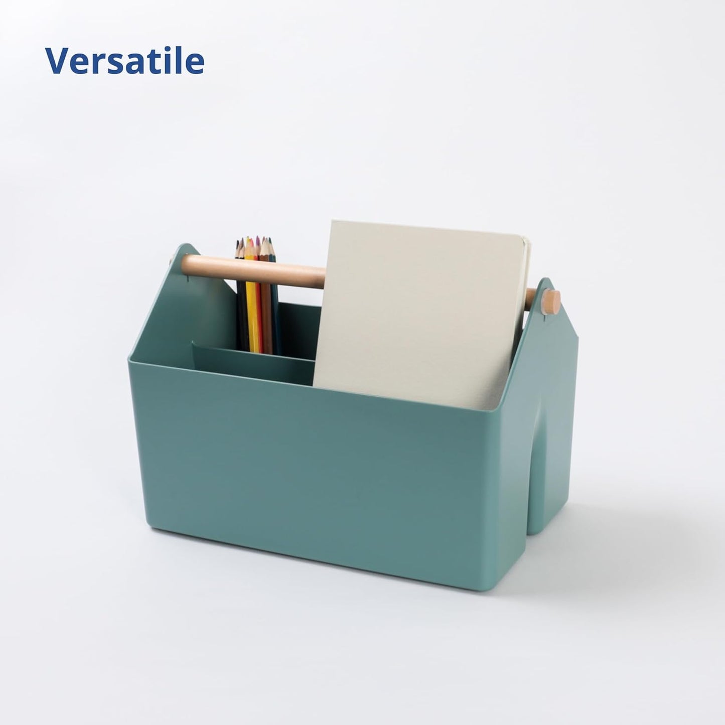 BLUE GINKGO Medium Storage Basket – Plastic Caddy with Wooden Handle for Office, Arts & Crafts, or Home Supplies (Gray)