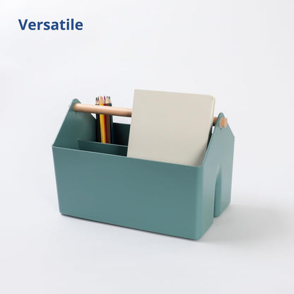 BLUE GINKGO Medium Storage Basket – Plastic Caddy with Wooden Handle for Office, Arts & Crafts, or Home Supplies (Gray)