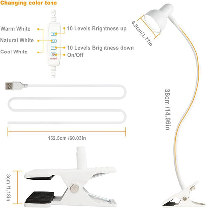 Clip on Lamp USB Reading Light, 3 Color Modes, 10 Brightness Dimmable, 360° Flexible Desk Lamp with Clamp, Eye Care Clip on Light for Bed Desk Headboard Home Dorm White