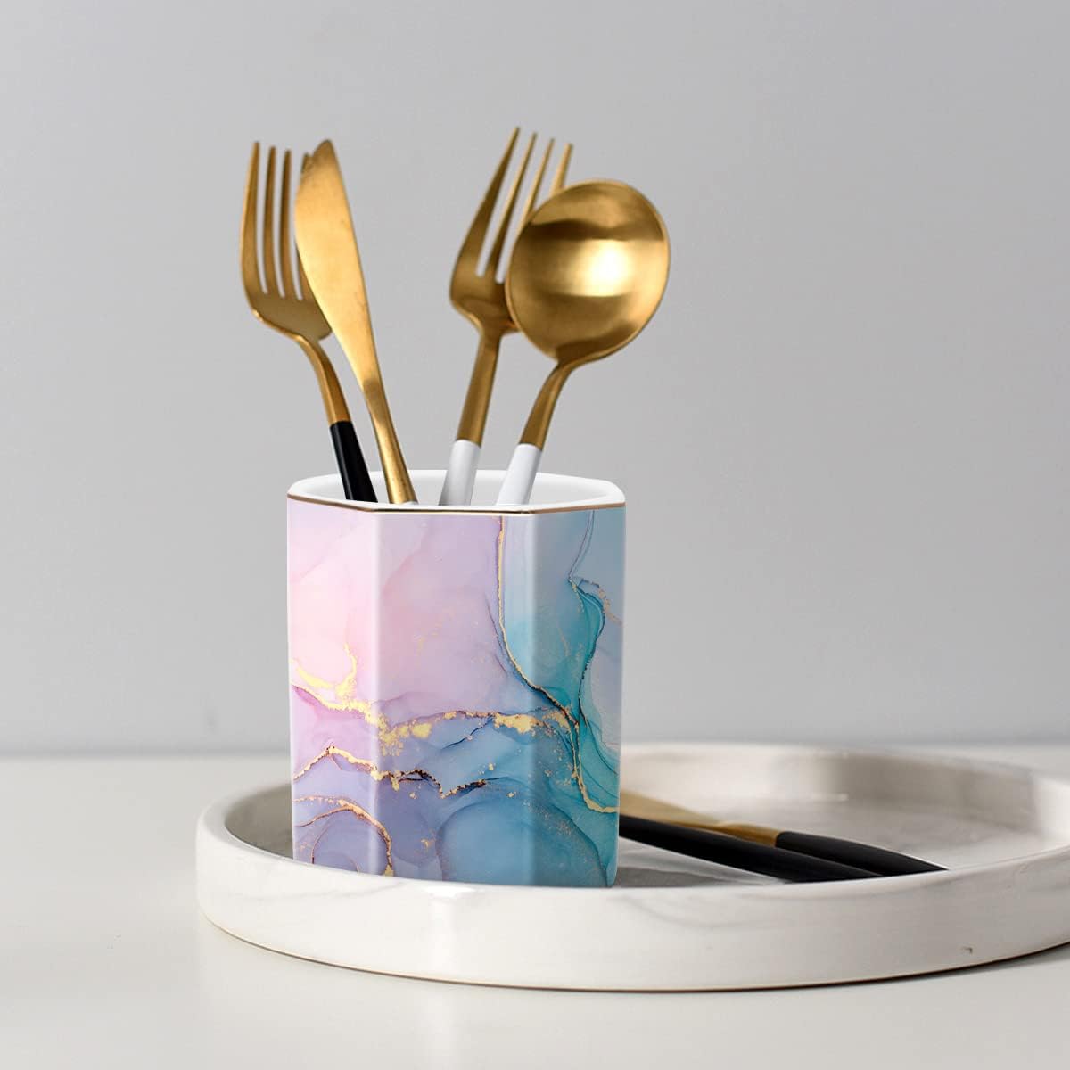 Pen Holder, Pencil Holder for Desk, Marble Desk Organizer Cute, Durable Ceramic Pencil Cup, Decorative Makeup Brush Holder Cup, Stationery Holder for Office, Home, Gray Marble