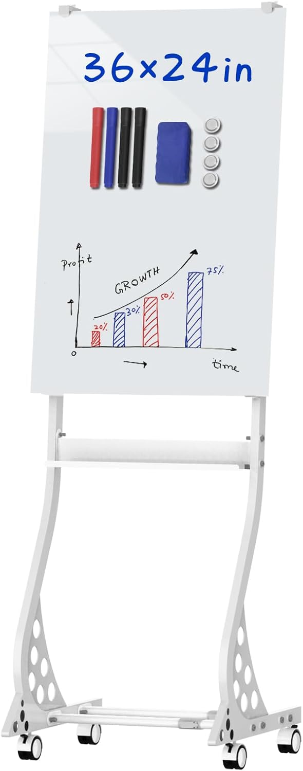 40 x 28 inch Mobile Magnetic Glass Whiteboard, Double-Sided Board with Felt Back and Storage for Office & Classroom, White