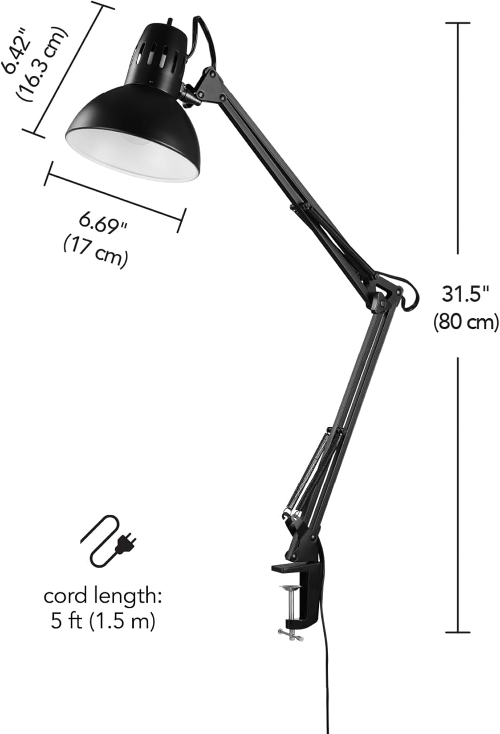 Globe Electric 12641 Architect 32" Swing-Arm Clamp-On Lamp, Black Architect, Finish, LED Bulb Included