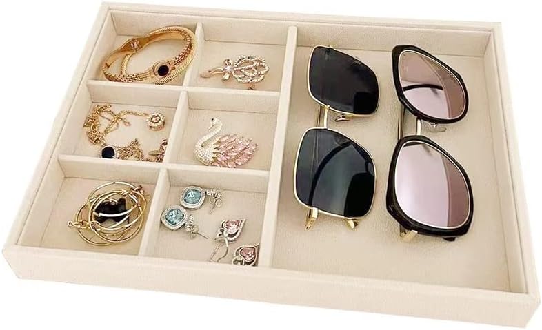 Velvet Sunglasses Organizer Tray 4 Slot, Stackable Eyewear & Glasses Display Case, Premium Beige Velvet, Scratch-Free Lining, Drawer Insert for Dressing Table Vanity Home Retail Trade Show