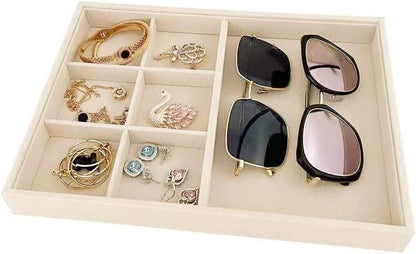 Velvet Sunglasses Organizer Tray 4 Slot, Stackable Eyewear & Glasses Display Case, Premium Beige Velvet, Scratch-Free Lining, Drawer Insert for Dressing Table Vanity Home Retail Trade Show