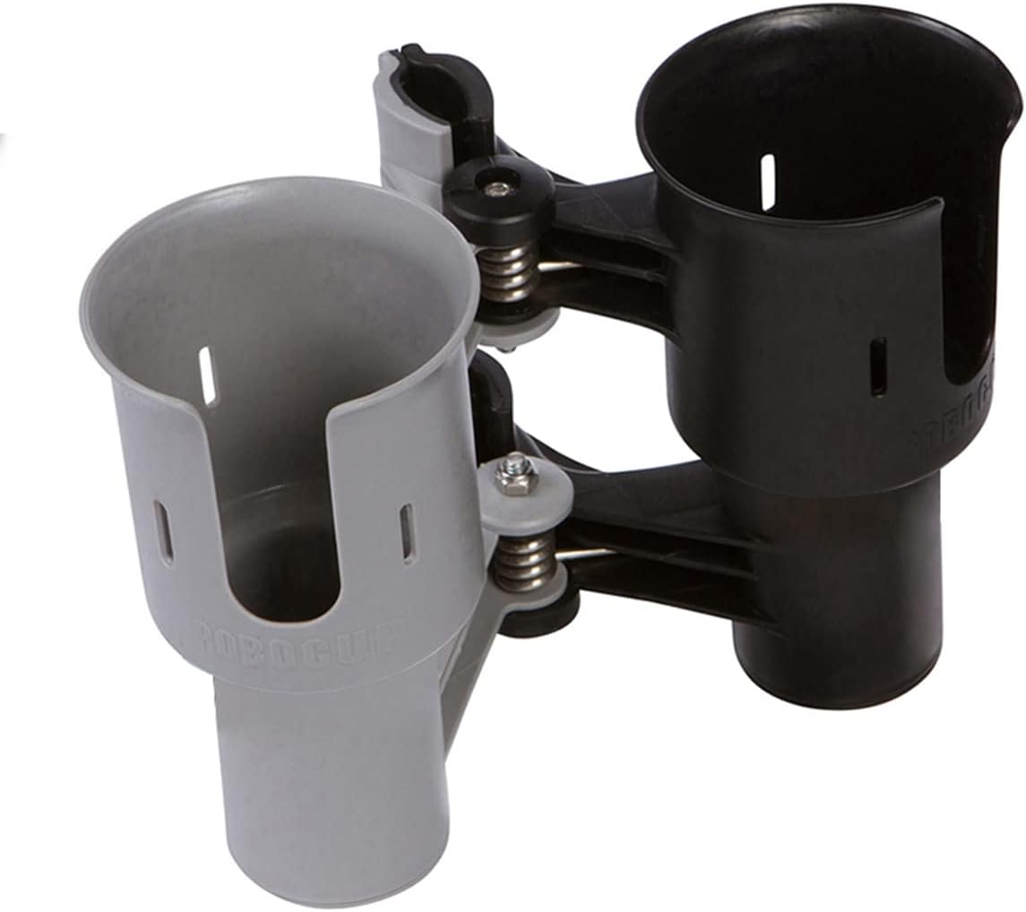 ROBOCUP, (White), Patented Clamp On Boat Cup Holder |Multifunction Dual Drink Caddy for Fishing Poles, Tools, Net, Gaff |Portable Storage for Boating, Beach, Umbrellas, Golf Carts, Strollers