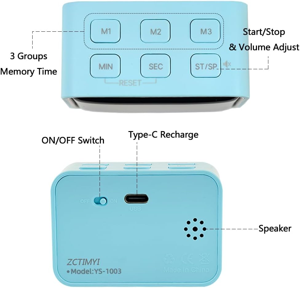 Digital Mini Timer Rechargeable, ON/Off Led Display Count Down/Up, 3 Preset Memory Times Loud Alarm Desk Timer for Kids Classroom Office Kitchen Cooking, Blue
