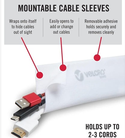 VELCRO Brand Mountable Cable Sleeve | Cord Management Mounts on Walls, Desk or Entertainment Center | Removable Adhesive is Damage Free | 8in Black, 2pk, 8in - 2Pk
