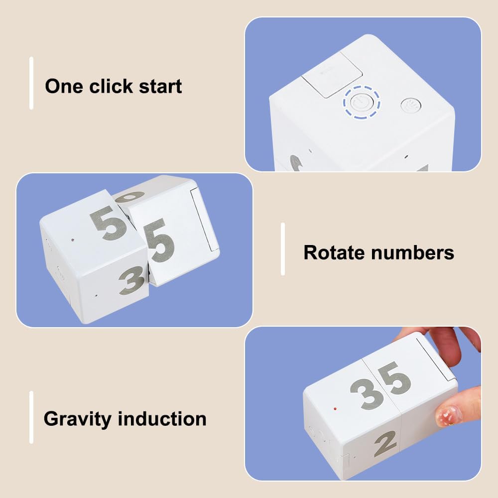 Pomodoro Timer Cube, Desk Productivity Time Management Tool with 10 Timer Presets, Adjustable Volume Small Pomodoro Cube for Task Work Cooking Kitchen
