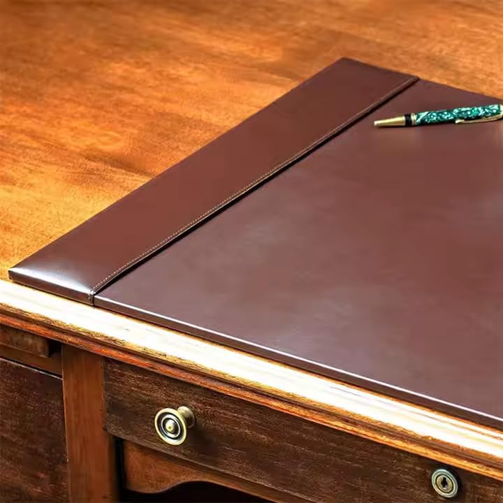 Professional Leather Desk Mat Brown Writing Surface, Raised Edge Stitching Desk Protector, Large Leather Executive Desk Pad (30" x 18")