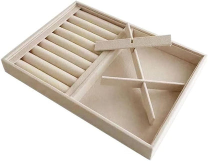 Velvet Sunglasses Organizer Tray 4 Slot, Stackable Eyewear & Glasses Display Case, Premium Beige Velvet, Scratch-Free Lining, Drawer Insert for Dressing Table Vanity Home Retail Trade Show