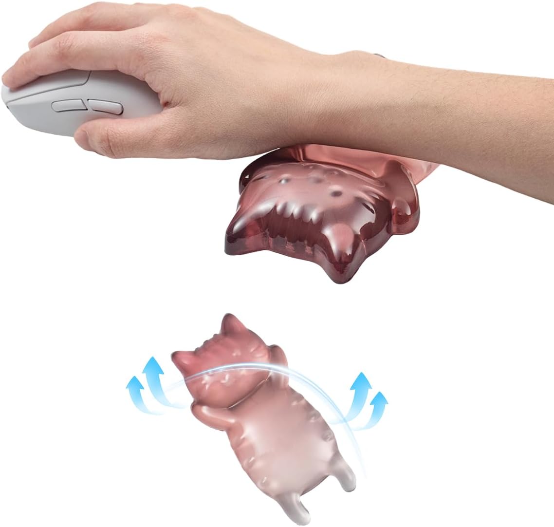 Ergonomic Gel Mouse Wrist Rest – Clear Cute Cat Mouse Wrist Rest, Comfort & Support for Typing and Gaming (Pink)