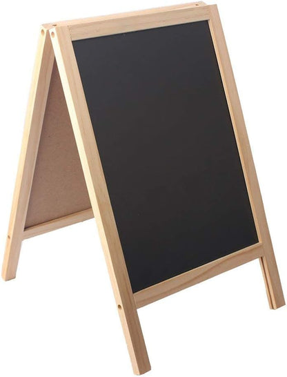 Wooden Freestanding A Frame Non Magnetic Chalkboard and Magnetic Dry Erase White Board Display Sign, Double Sided Tabletop Message Board for Home, Office and Counter