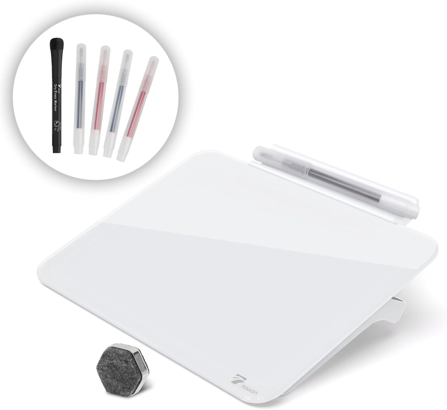TOWON Small Glass Dry Erase Board, Desk White Board with Standing, Mini Whiteboard Easel Pad Set, Stenography Artifact for Office, Home and School Supplies, 8x6 Inches, Black