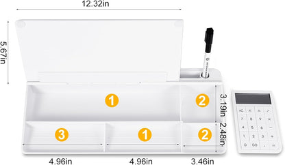 Small Glass Desktop Whiteboard Dry Erase Board with Calculator - Desktop White Board Storage Memo Notepad Computer Keyboard Stand Organizers with Accessories Markers, Eraser for Office, Home, School