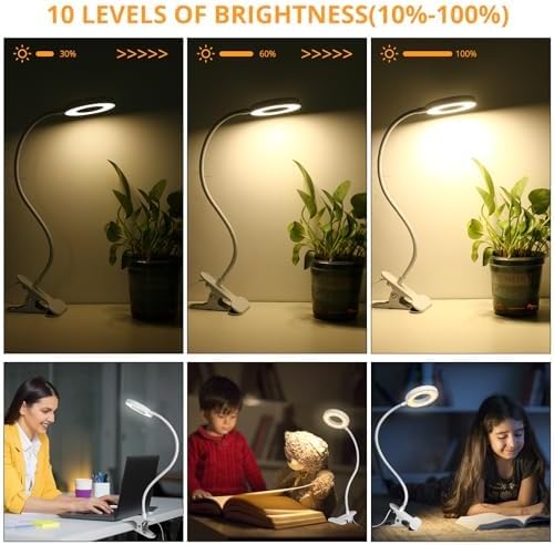 Woputne Desk Lamp Clip Light, 10 Dimmable Brightness 3 Light Modes Reading Light, Clamp Bedside Lamp for Painting, Craft, Study (Black)
