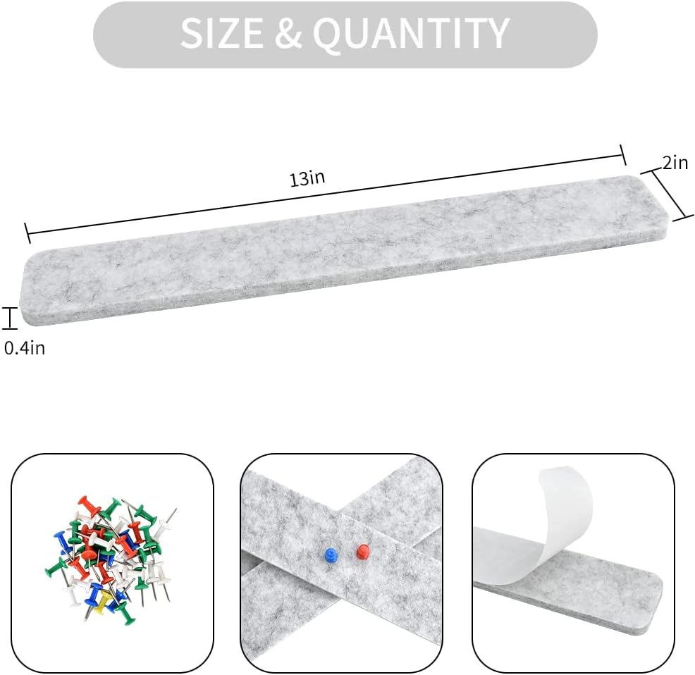Vuzvuv 8 pcs Bulletin Board Bar Strips with 50 Pushpins & 10 Wooden Clip pins，Self Adhesive Cork Board for Wall，Felt Pin Board for School，Office Decor（Black White Grey）