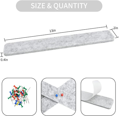 Vuzvuv 8 pcs Bulletin Board Bar Strips with 50 Pushpins & 10 Wooden Clip pins，Self Adhesive Cork Board for Wall，Felt Pin Board for School，Office Decor（Black White Grey）