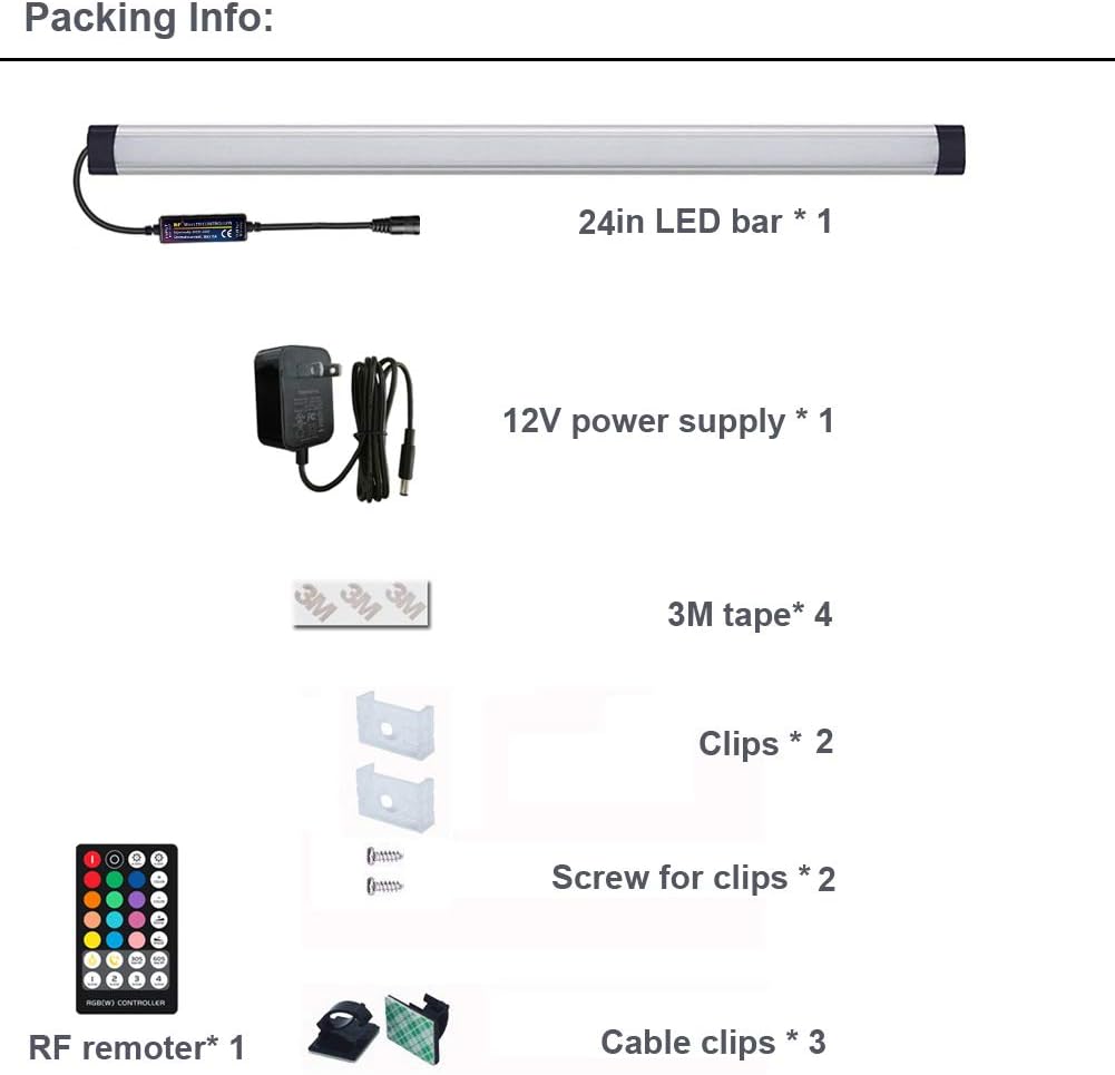 Dimmable Under Cabinet Lighting, RGB LED Light Bar, RF Remote Control Lamp, Multicolor Under Counter Lights for Desk, Room, Cupboard, Hallway, Shelf, Closet (24 Inch)