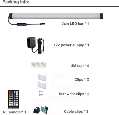 Dimmable Under Cabinet Lighting, RGB LED Light Bar, RF Remote Control Lamp, Multicolor Under Counter Lights for Desk, Room, Cupboard, Hallway, Shelf, Closet (24 Inch)