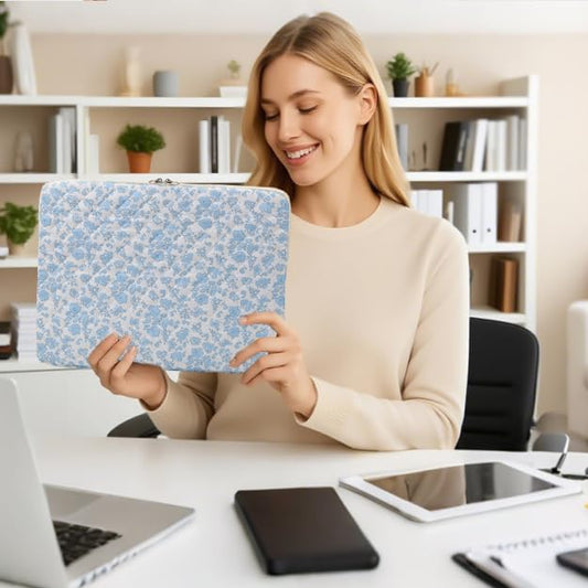 Puffy Laptop Sleeve 13 Inch Cute Quilted Laptop Protective Case Padded Floral Computer Sleeve for MacBook (A-Blue, 13 Inch)