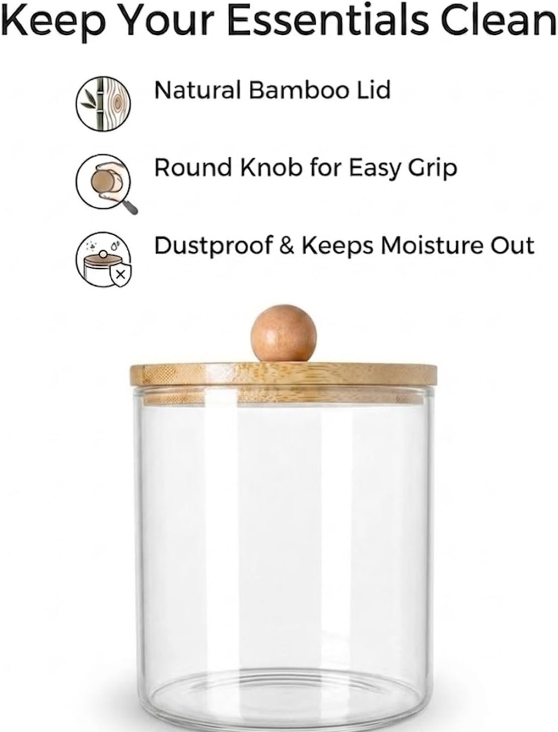 Q Tip Holder for Bathroom with Bamboo Lid, Medium Clear Plastic Cotton Swab Dispenser, Shatterproof Apothecary Jar, Vanity Organizer for Cotton Balls Rounds Hair Ties