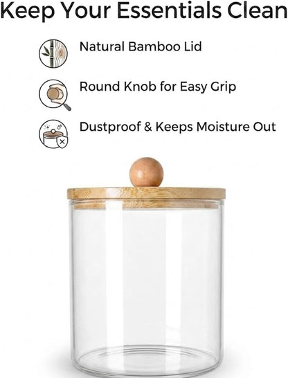Q Tip Holder for Bathroom with Bamboo Lid, Medium Clear Plastic Cotton Swab Dispenser, Shatterproof Apothecary Jar, Vanity Organizer for Cotton Balls Rounds Hair Ties