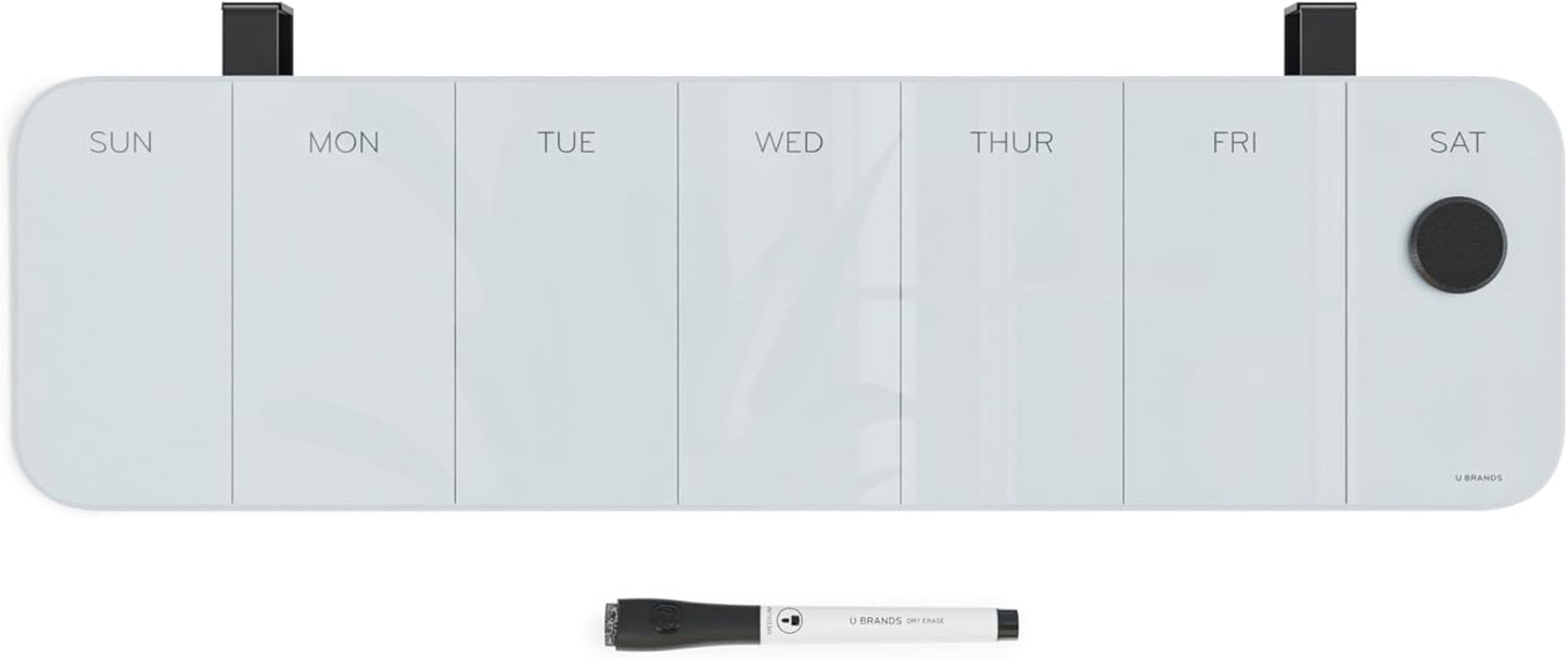 U Brands Magnetic Cubicle/Wall Glass Dry-Erase Weekly Calendar Board, 20" X 5.5" Inches, White Frosted Surface, Frameless