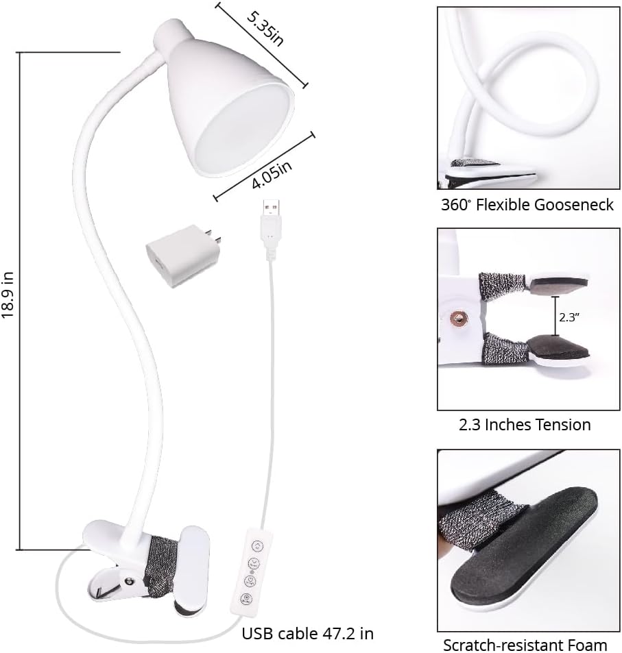 GlowVibe Desk Lamp 3 Color Modes 10 Brightness Dimmer Reading Light 10W 40 LED Clamp Lamp 360° Flexible Neck Clip on Light for Bedroom and Office Home Lighting, AC Adapter Include