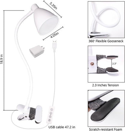 GlowVibe Desk Lamp 3 Color Modes 10 Brightness Dimmer Reading Light 10W 40 LED Clamp Lamp 360° Flexible Neck Clip on Light for Bedroom and Office Home Lighting, AC Adapter Include
