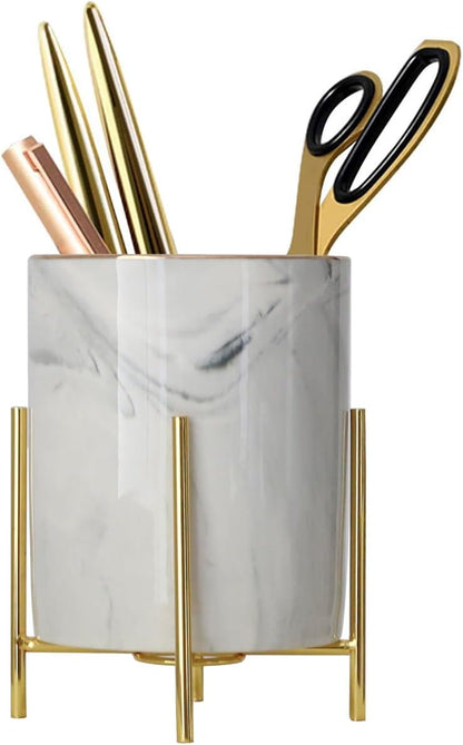 Gold Pencil Cup Sturdy Metal Frame With White Ceramic Pen Holder For Desks and kitchen Appliance Holders